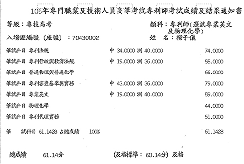 105專利師狀元（選試專業英文及物理化學）上榜學員楊子儀