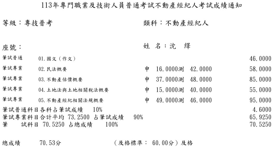 113首宇不動產經紀人上榜學員沈○繹