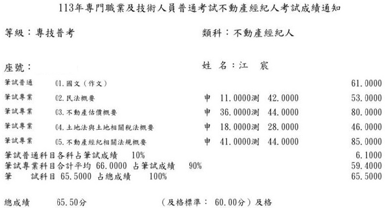 113首宇不動產經紀人上榜學員江○宸