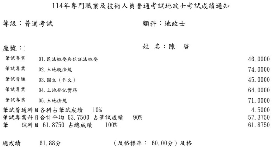 114首宇地政士+111不動產經紀人上榜學員陳○啓