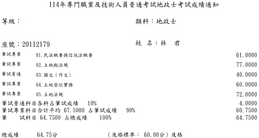 114首宇地政士上榜學員林○君