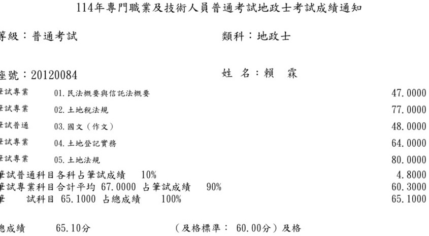 114首宇地政士上榜學員賴○霖