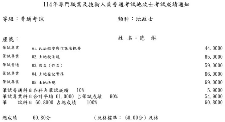 114首宇地政士上榜學員范○綝