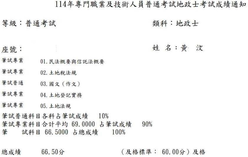 114首宇地政士上榜學員黃○汶