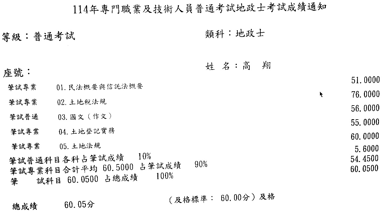 114首宇地政士上榜學員高○翔