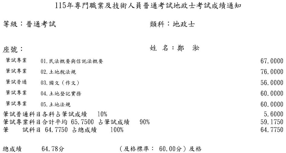 115首宇地政士上榜學員鄭○淞