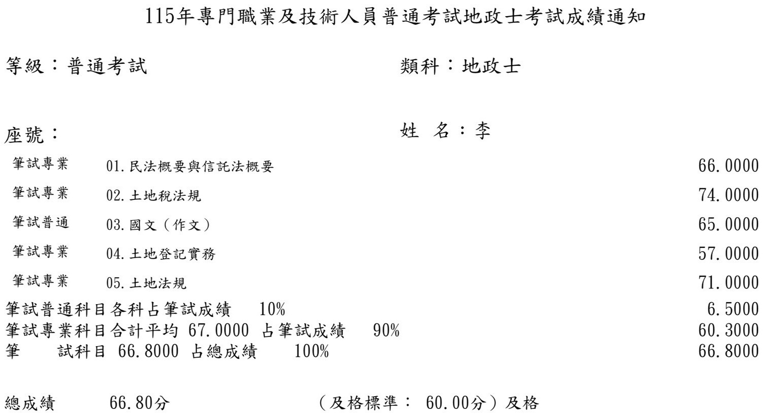 115首宇地政士上榜學員李同學