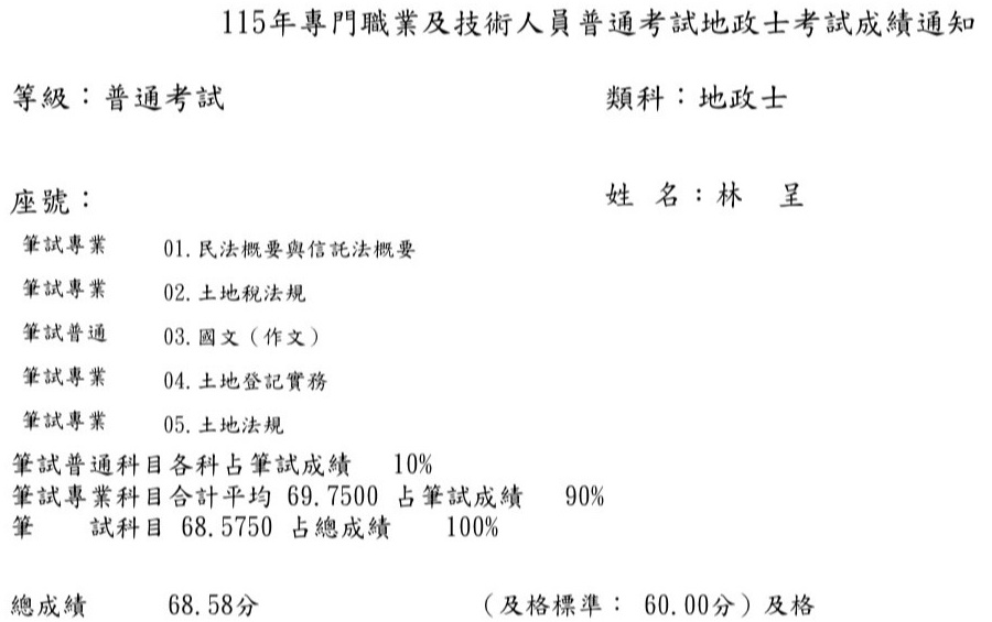 115首宇地政士上榜學員林○呈