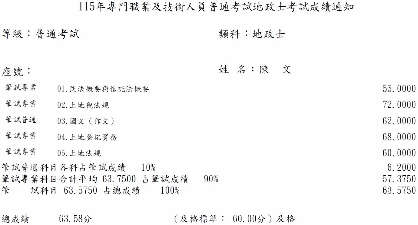115首宇地政士上榜學員陳同學