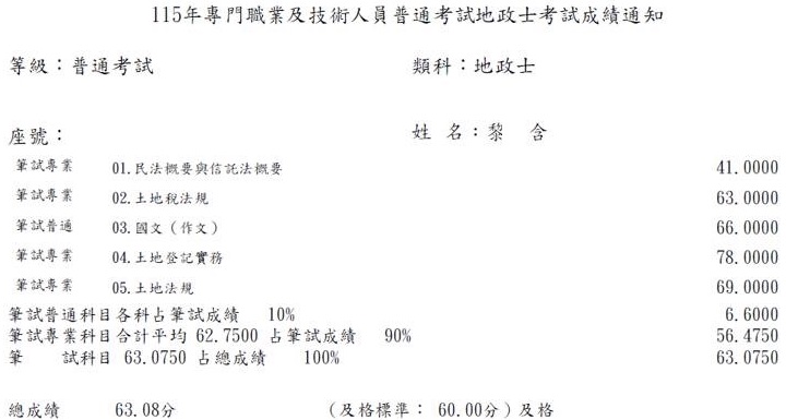 115首宇地政士上榜學員黎○含