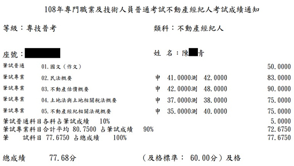 108首宇不動產經紀人+普考地政上榜學員陳○青