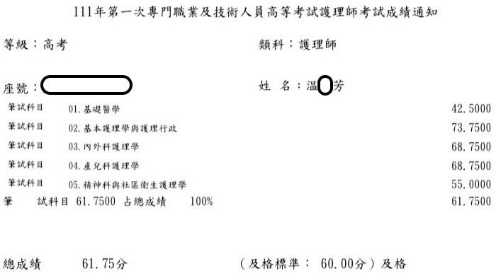 111護理師上榜學員温○芳