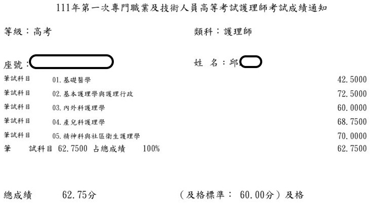 111護理師上榜學員邱同學