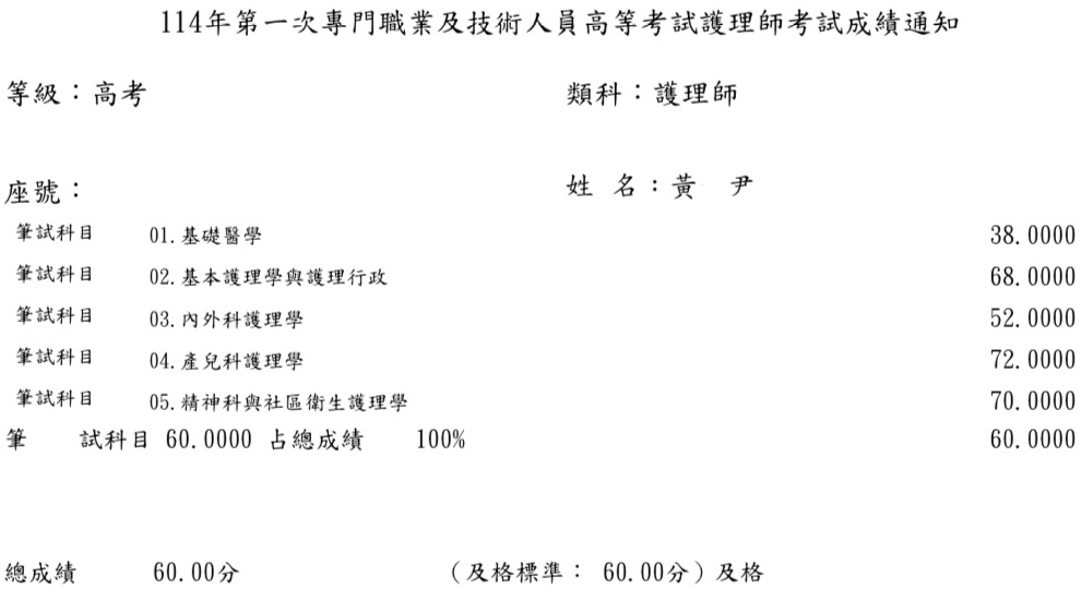 114第一次護理師上榜學員黃○尹