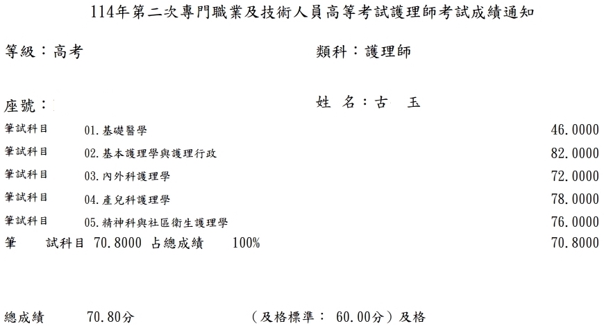 114第二次護理師上榜學員古○玉