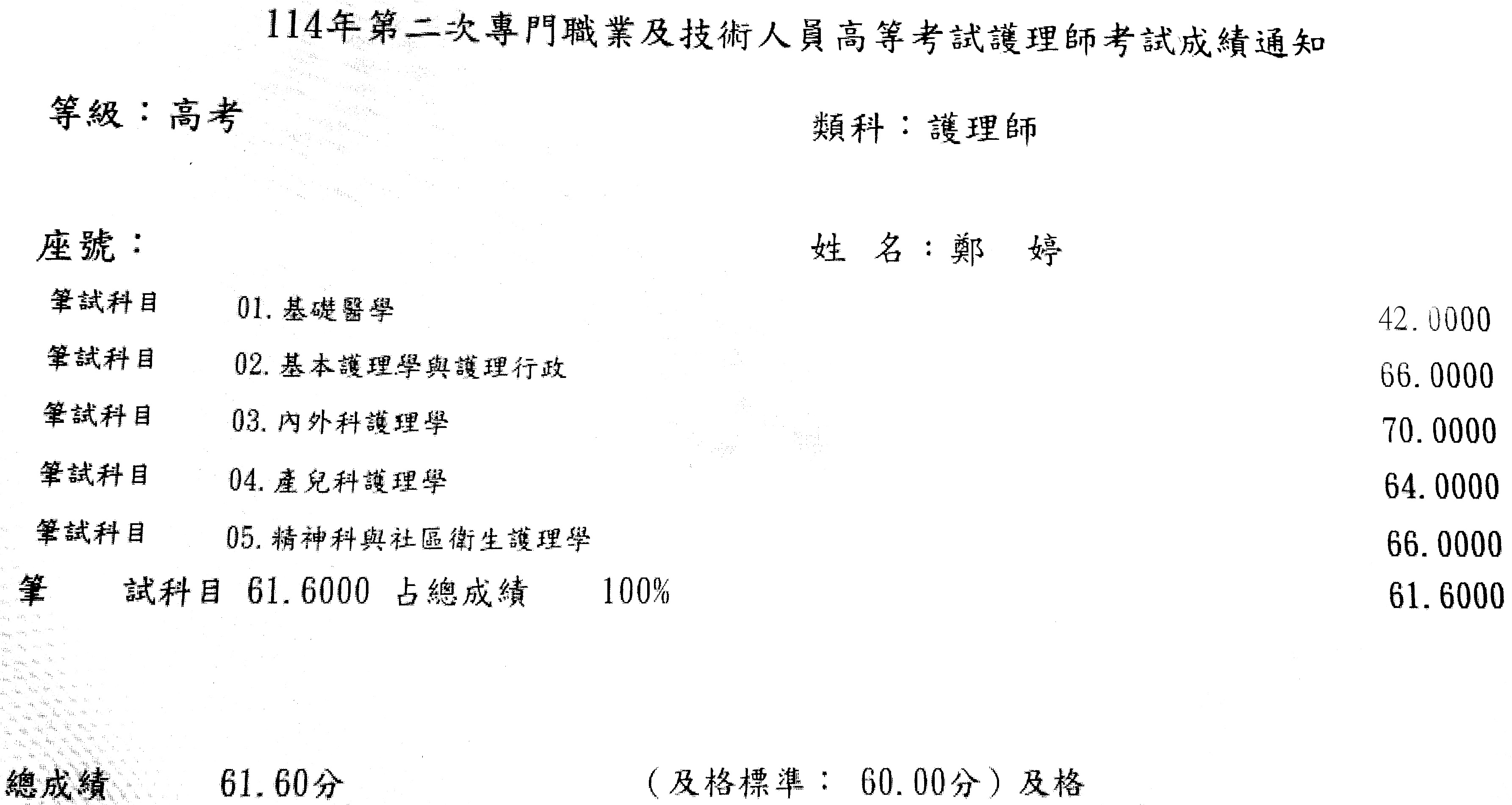 114第二次護理師上榜學員鄭○婷