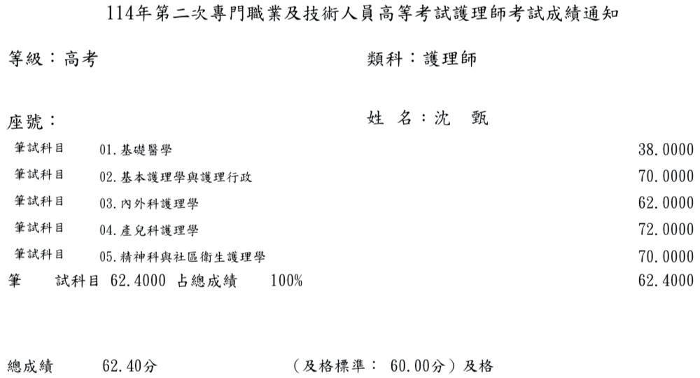 114第二次護理師上榜學員沈○甄