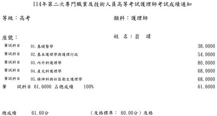 114第二次護理師上榜學員鄭○軒