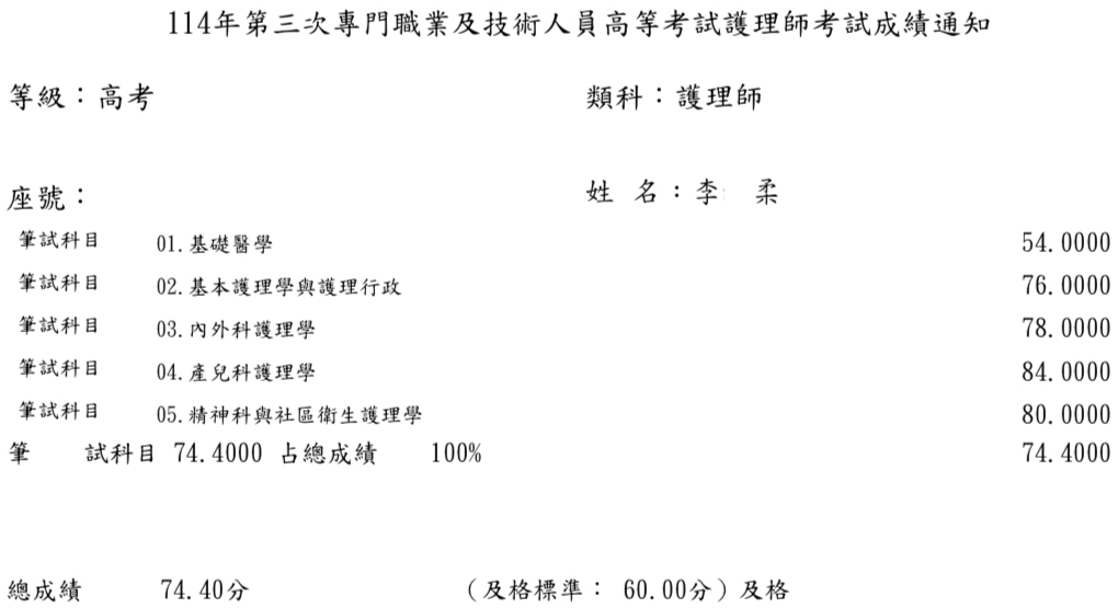 114第三次護理師上榜學員李○柔