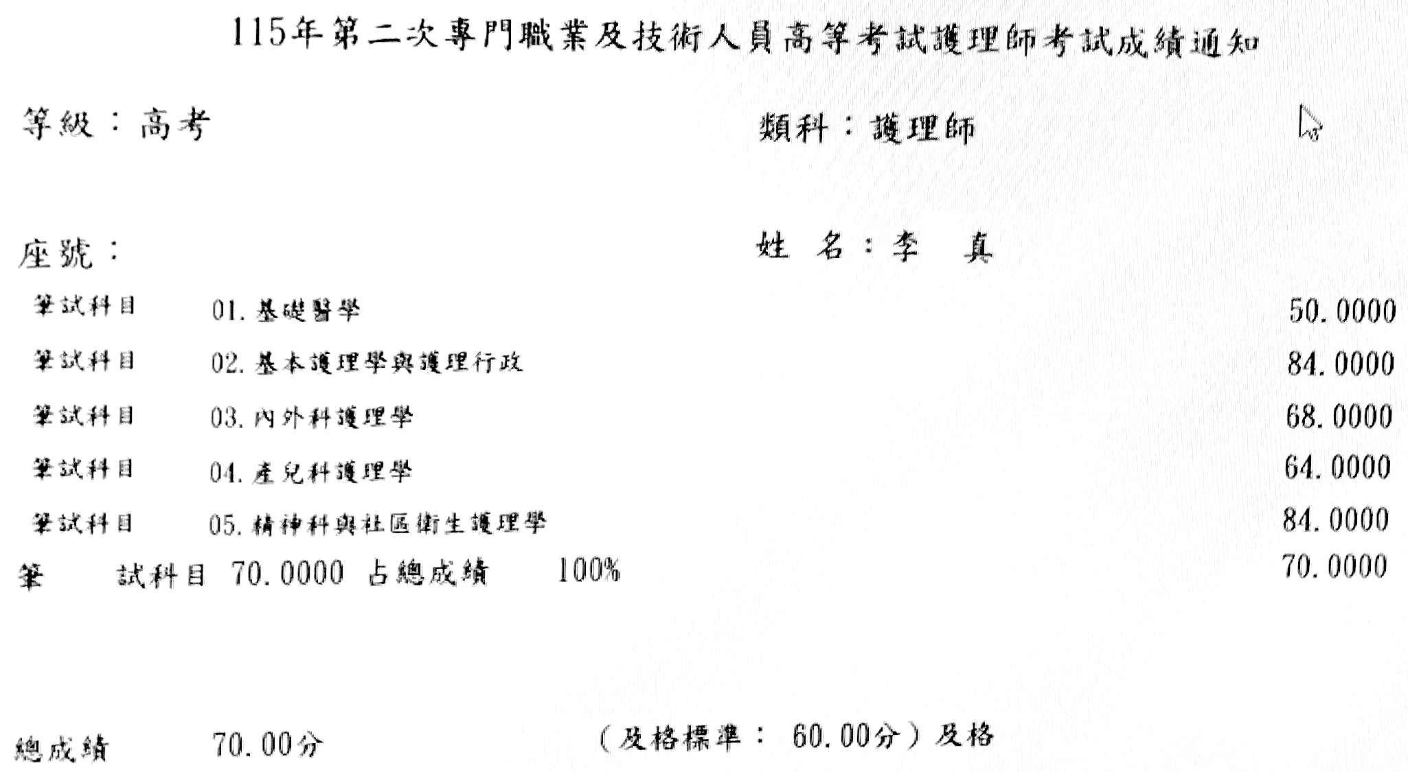 115第二次護理師上榜學員李○真