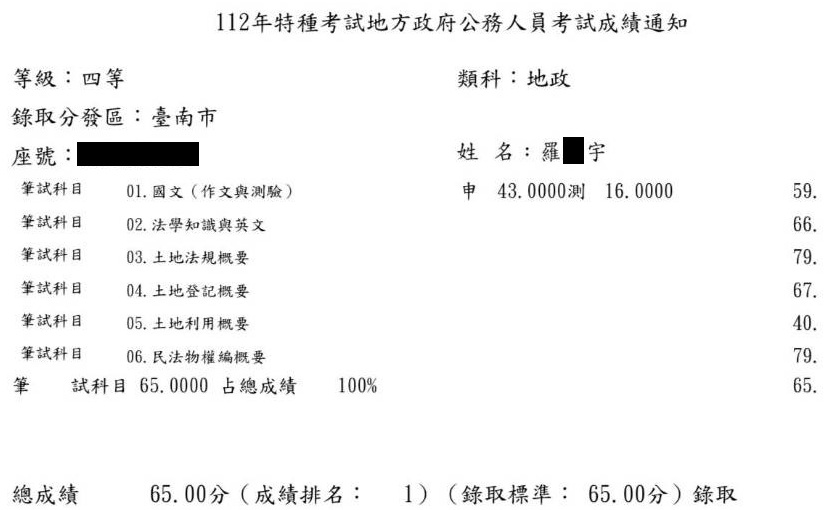 112首宇地特地政四等(台南)狀元上榜學員羅○宇