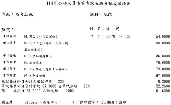 114首宇高考地政+普考地政+114地政士上榜學員林○芝