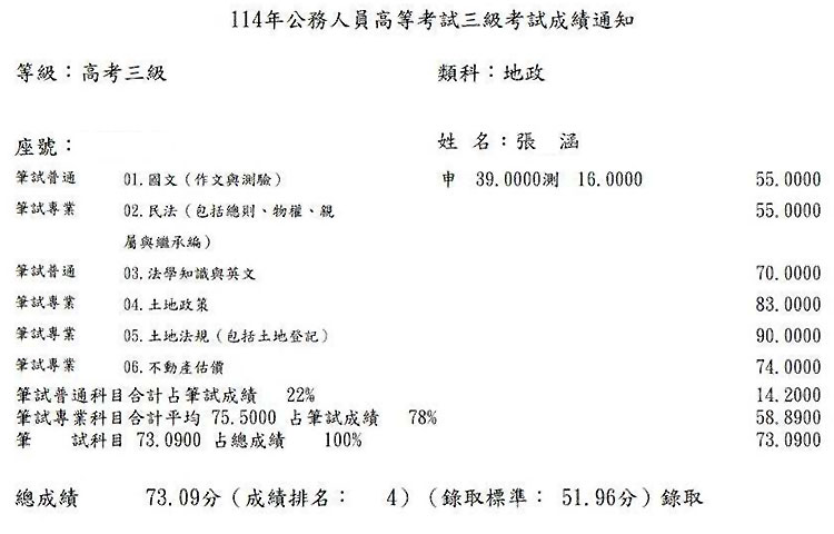 114首宇高考地政上榜學員張○涵