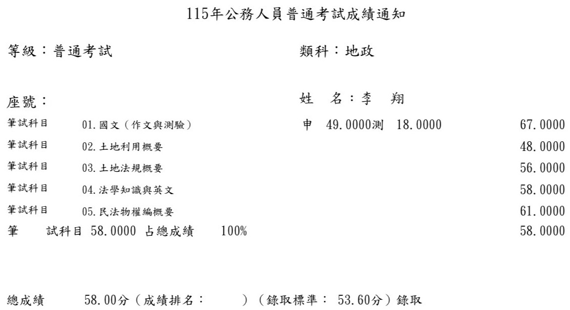 115首宇普考地政上榜學員李○翔