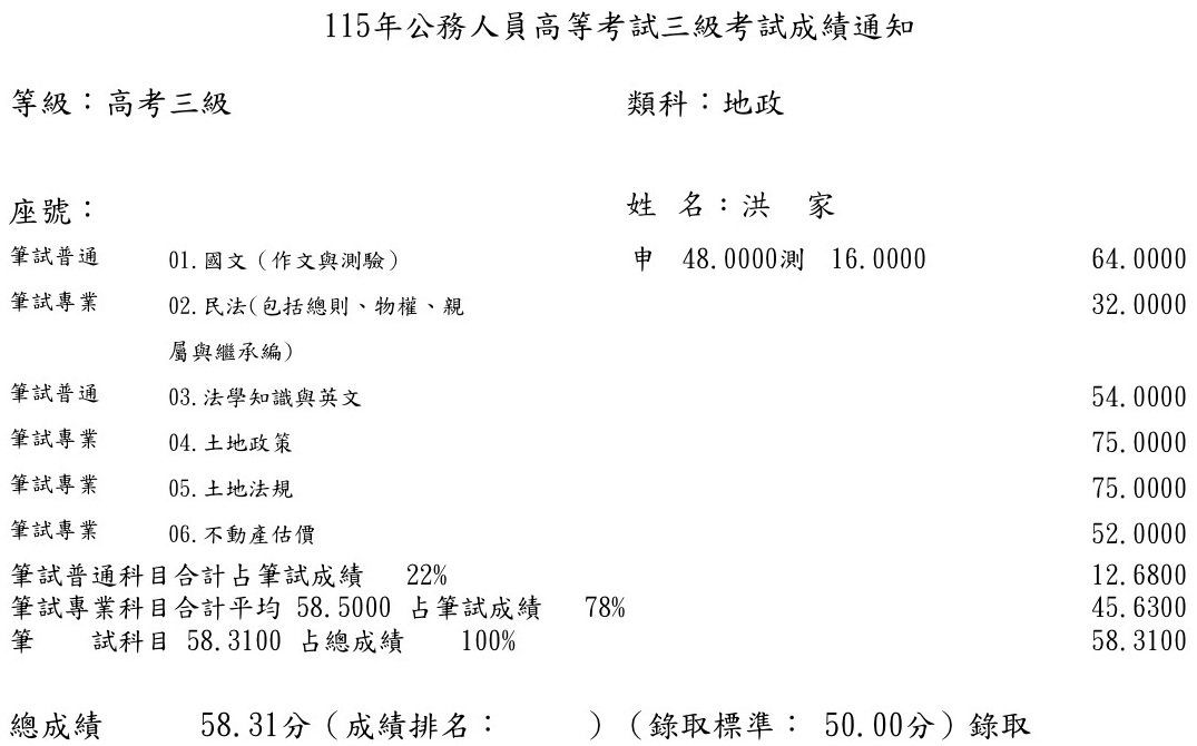 115首宇高考地政+普考地政上榜學員洪○家