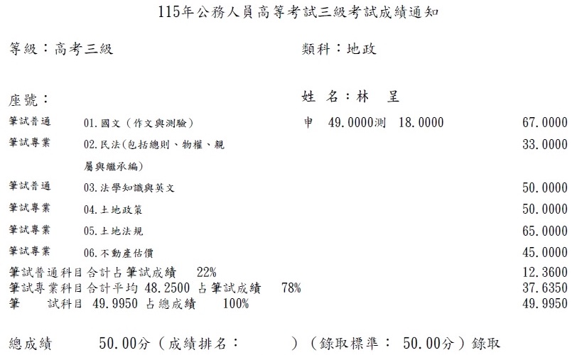 115首宇高考地政上榜學員林○呈