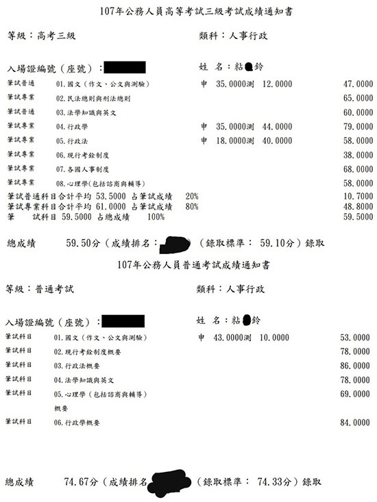 107高考人事行政 普考人事行政雙重上榜學員粘 鈴