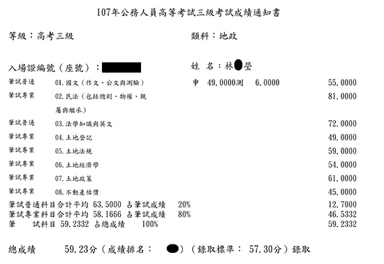 107首宇高考地政+普考地政雙重上榜學員林○瑩