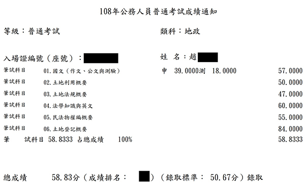 108高考地政第8名＋普考地政雙重上榜學員趙○