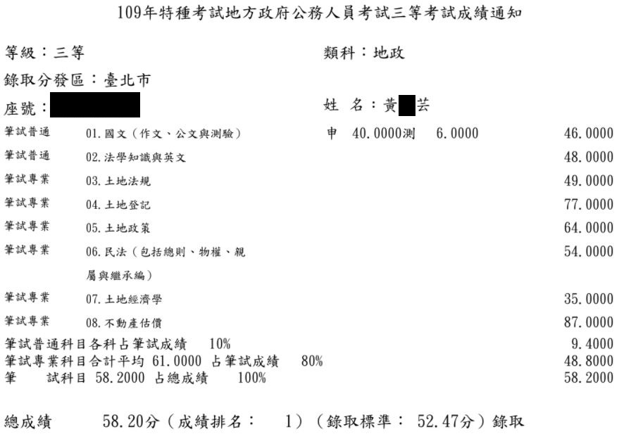 109首宇地特地政三等(台北)狀元上榜學員黃○芸